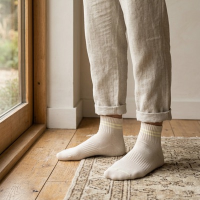 An adult in linen trousers wearing undyed organic cotton STROMA socks, standing by a window on a woven rug