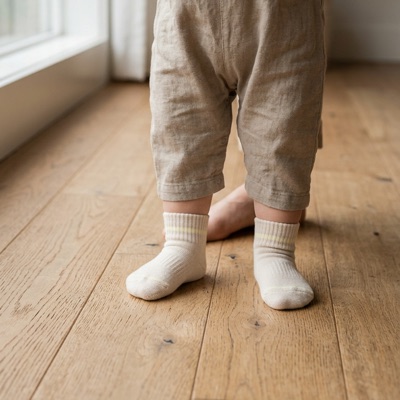 A toddler taking first steps in undyed organic cotton STROMA socks on an oak floor