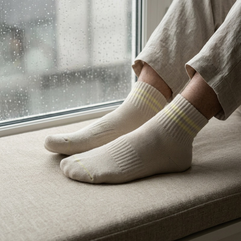 Feet resting on a window seat in non-toxic undyed organic cotton STROMA socks, rain on the glass