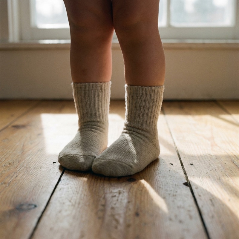 A child standing in undyed organic cotton Unit 02 crew socks on a wooden floor in morning light