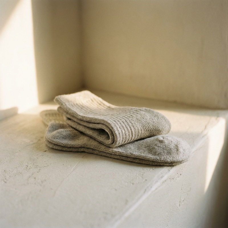 Unit 02 base layer socks in raw, undyed greige organic cotton, folded on a bone plaster ledge in morning light