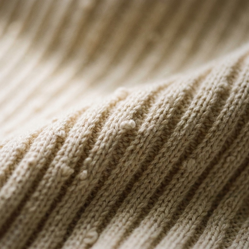 Macro detail of the raw, unfinished 3x1 rib knit of the Unit 02 sock — undyed cotton fibre with natural slubs