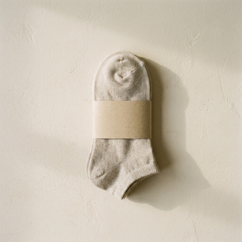 Unit 02 socks in a plain unbleached kraft belly band — zero plastic packaging