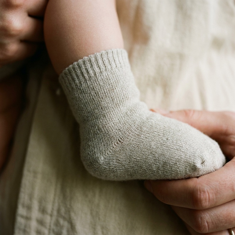 A parent's hand holding a toddler's foot in a tiny undyed greige cotton Unit 02 sock